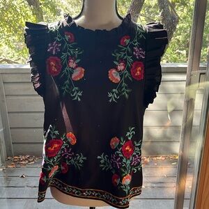 Anthropologie Maeve Black Embroidered Sleeveless Blouse